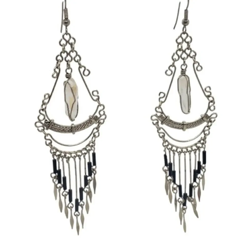 Vtg Silver Clear Quartz & Onyx Beads Handmade Boho Dangle Drop Earrings